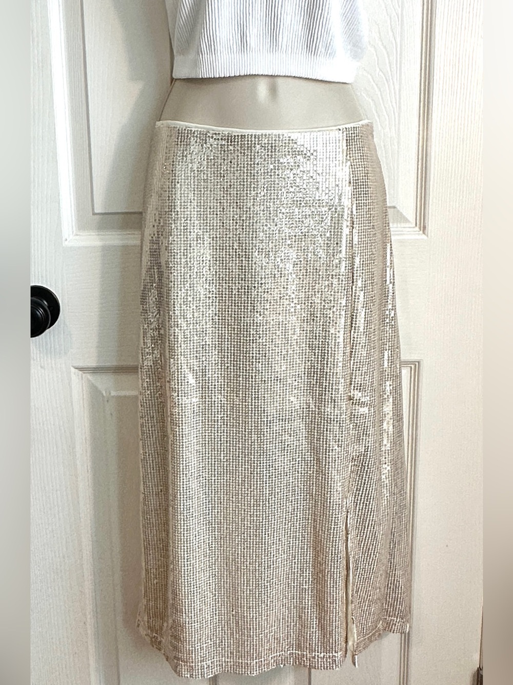 Time and Tru Champagne Sequin A-Line Midi Skirt